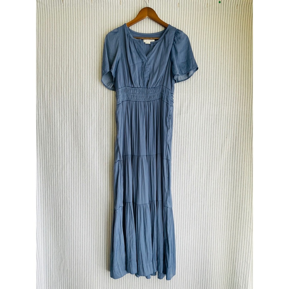 Anthropologie Blue Pleated Tiered Maxi Dress Smocked Waist Pockets S